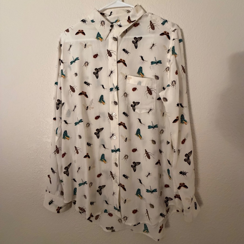Anthropologie Silk Insect Print Button Down Shirt White Butterfly Beetle - Picture 2 of 7